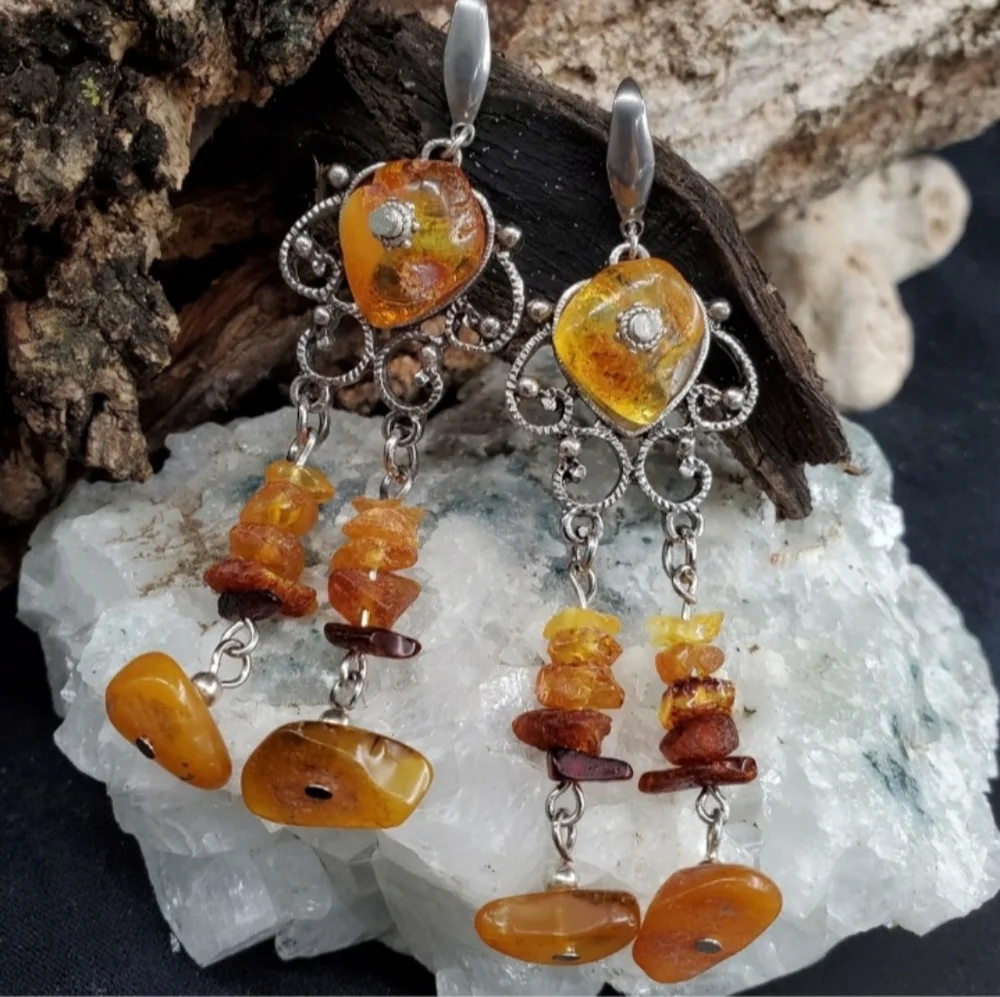 Amber Jewelry DANGLING CHANDELIERS NATURALAMBER STONES SILVER EARRINGS
